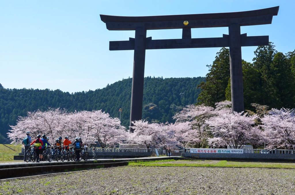 Visited an historical onsen town and the world’s largest Torii gate of Kumano Grand Shrine colored by Sakura blossoms！”KUMANO-KODO Pilgrimage Bike & Hike Tour” day 4